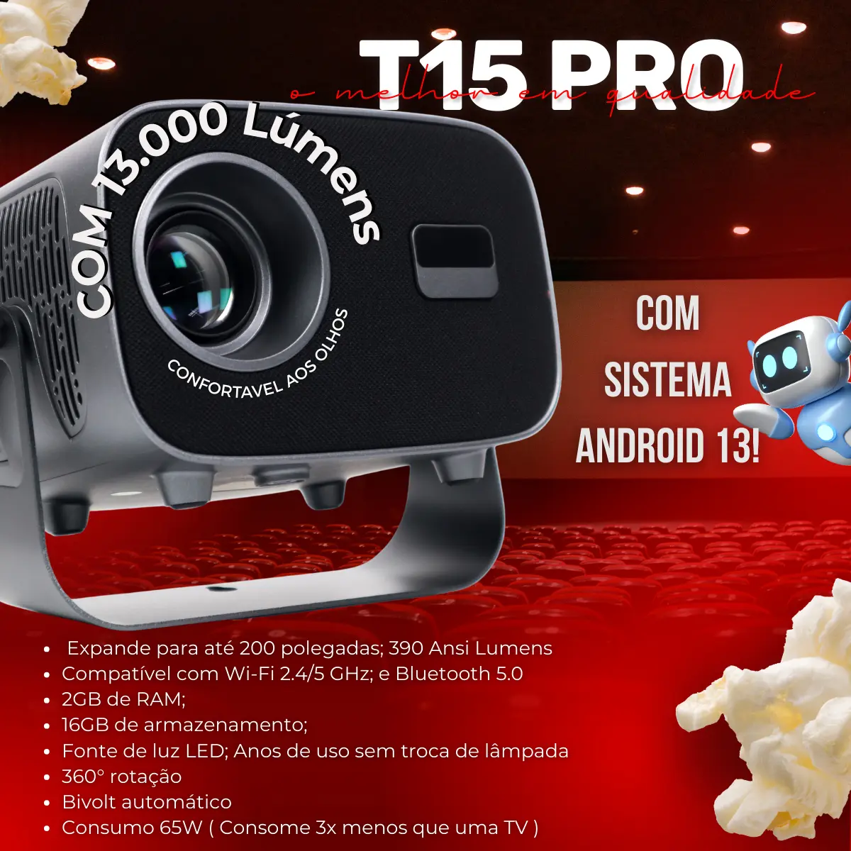 Projetor Portátil Full Hd 4k T15 Pro 10000lm Cores Fortes Hd versao 2