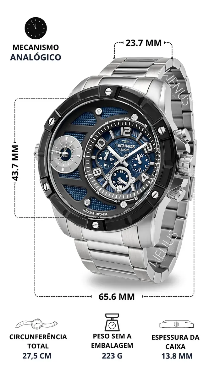 Relógio Technos Masculino Cronógrafo Lunha Legacy Masculino Aço Inoxidável Cor Prata Prova D'água versao 2