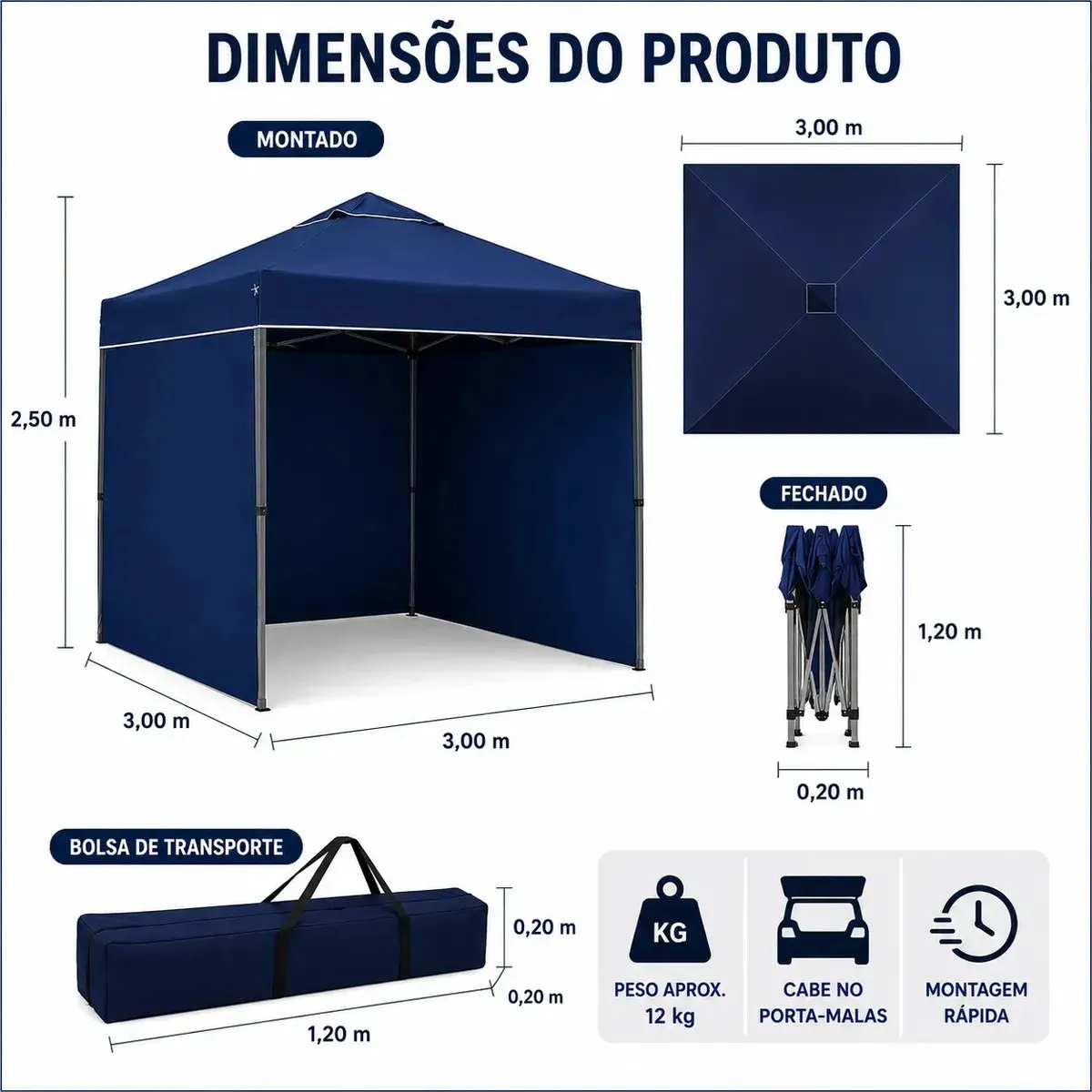 Gazebo Tenda Barraca Articulado Alumínio 3x3m + 3 Paredes Azul versao 2