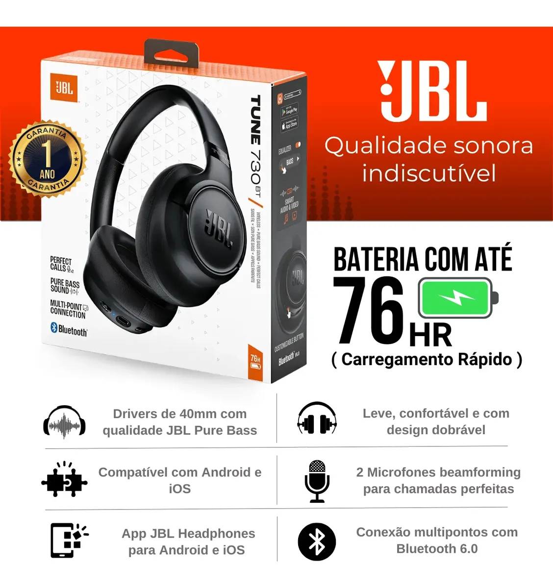 Fone Ouvido Jbl Tune 730bt Headphone Bluetooth 6.0 autentico