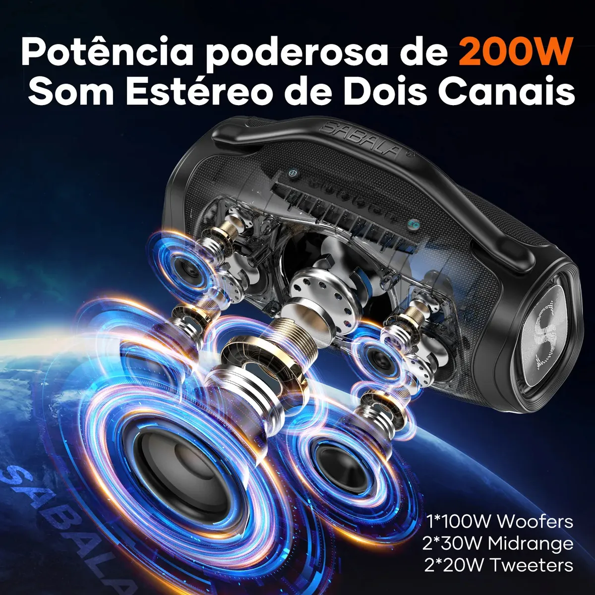 Caixa de som bluetooth 200w 39000mah eq ipx6 Sabala DRa-909 cor preto versao 2