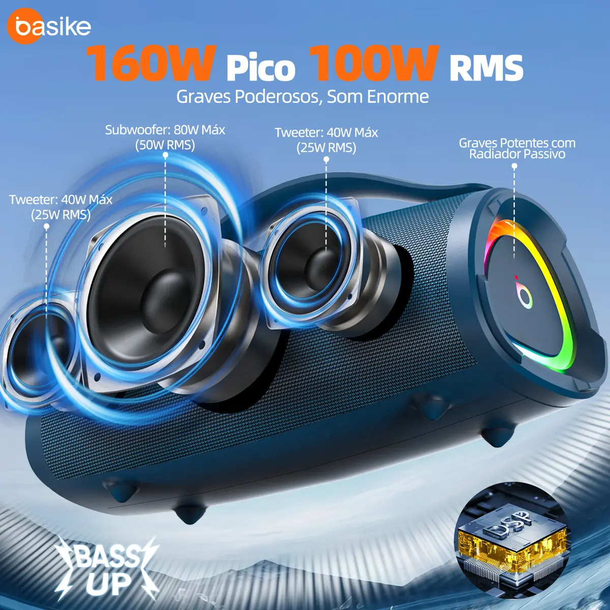 Caixa Bluetooth leve, Subwoofer Ativo, Boombox, 160w, Bluetooth 5.4, Estéreo Hifi, Tws 1+1, 10000mah, Bateria 15 Horas(65b Spl), Ipx6, Com Rgb, Powerbank Para iPhone E Samsung, Cor Azul-turquesa