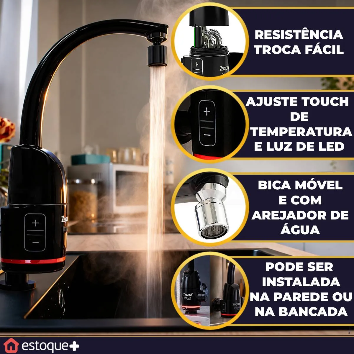 Torneira Elétrica Zagonel Prima Touch Parede E Bancada Preta versao 2